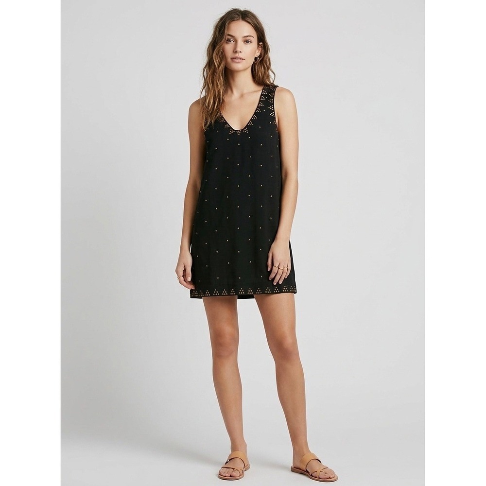 Free People Black Gold Studded Sleeveless V-Neck Shift Mini Dress OB414002